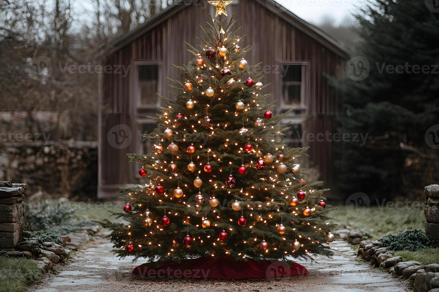 Rustic Outdoor Christmas Tree with Glowing Lights and Ornaments in Winter Garden photo