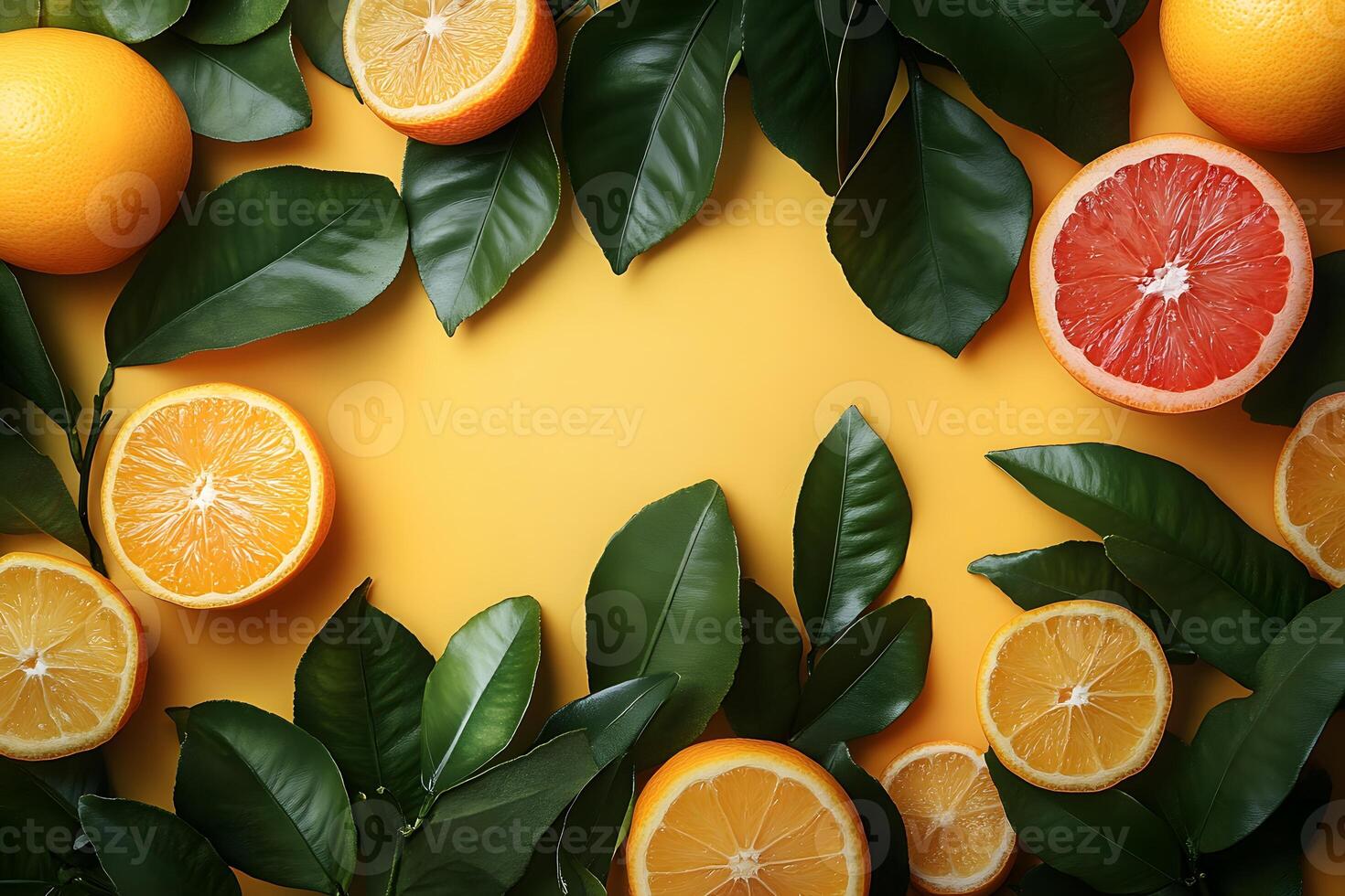 Citrus Fruits and Green Leaves Border on Vibrant Yellow Background for Fresh Design photo