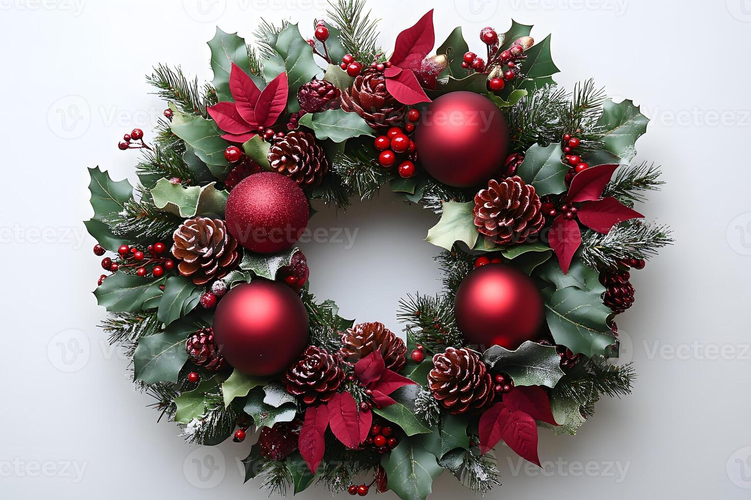 Festive Christmas Wreath with Pinecones and Red Ornaments for Holiday Decor photo
