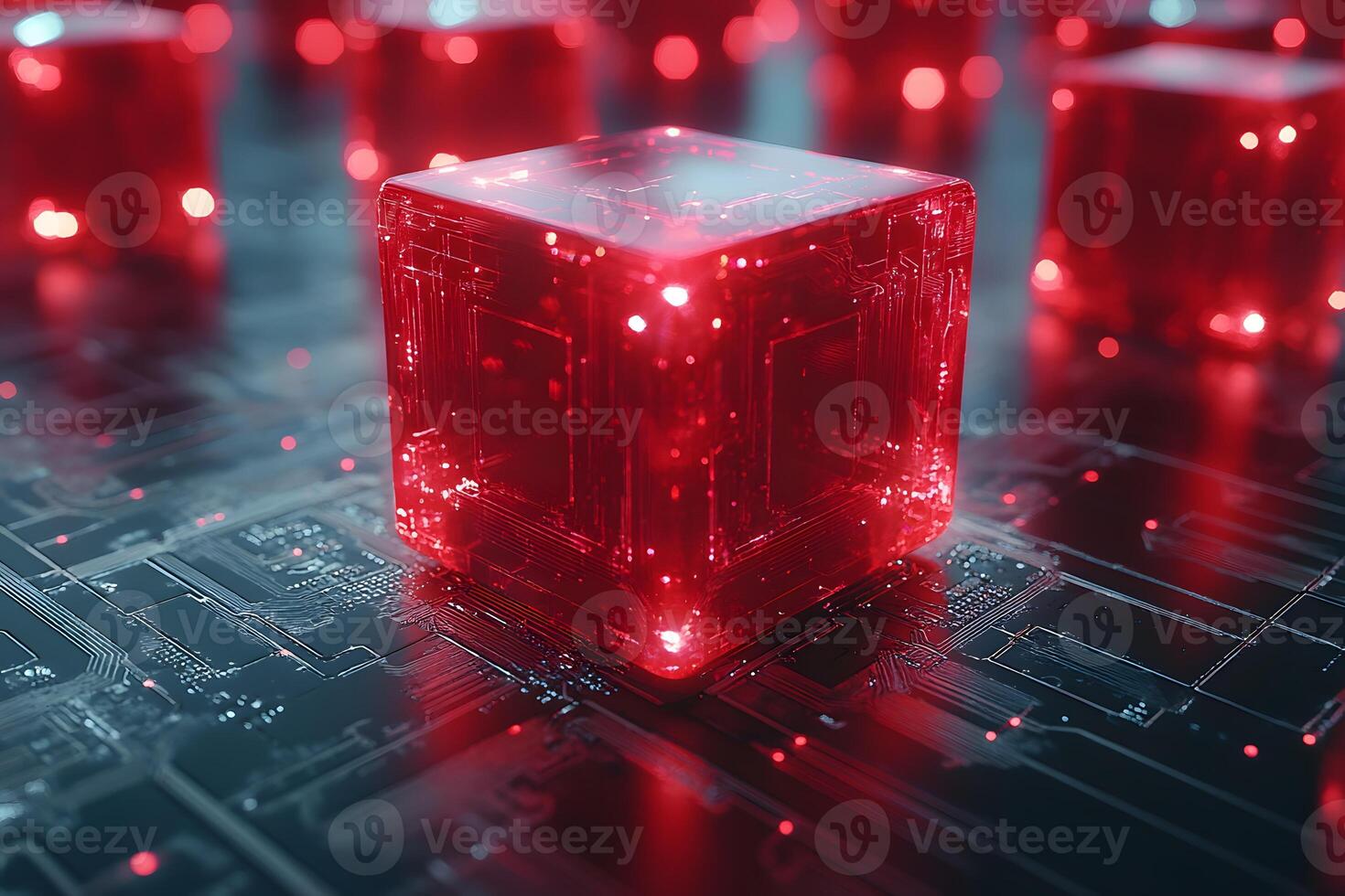 Futuristic Red Glowing Cube on Digital Circuit Board for Technology Concepts photo