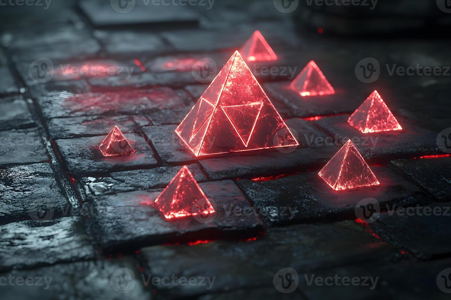 Futuristic Neon Pyramids on Wet Stone Path - Digital Art for Cyberpunk Design photo