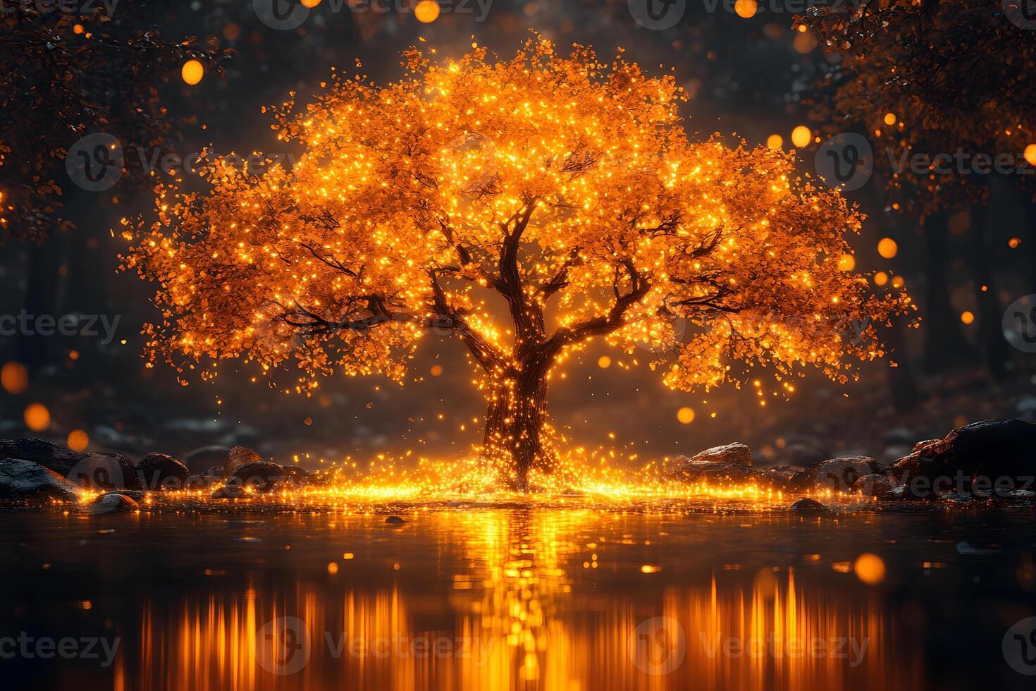 Mystical Tree with Glowing Leaves by a Tranquil Lake at Dusk photo