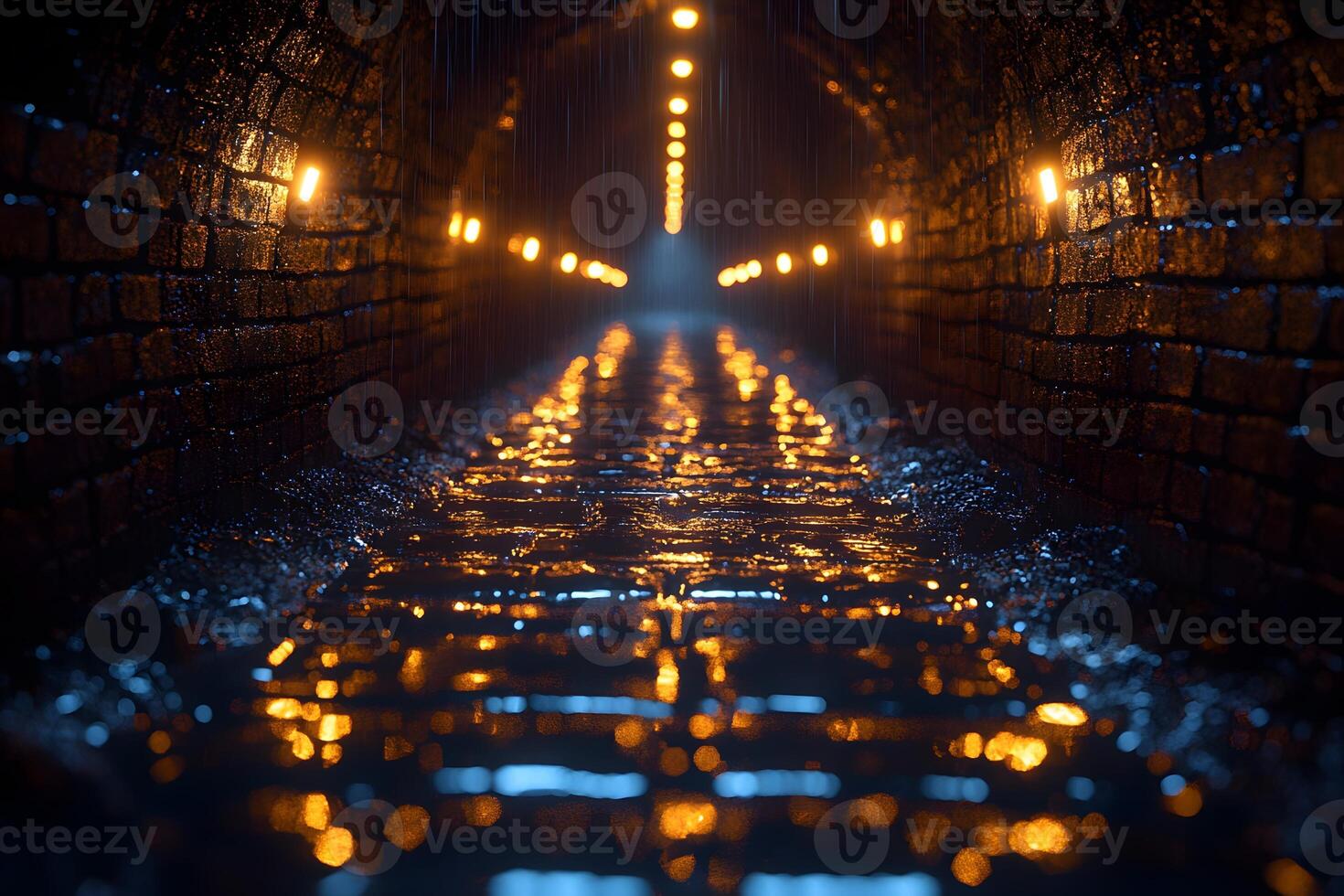 Moody Underground Tunnel with Reflective Wet Brick Pathway Illuminated by Warm Lights photo