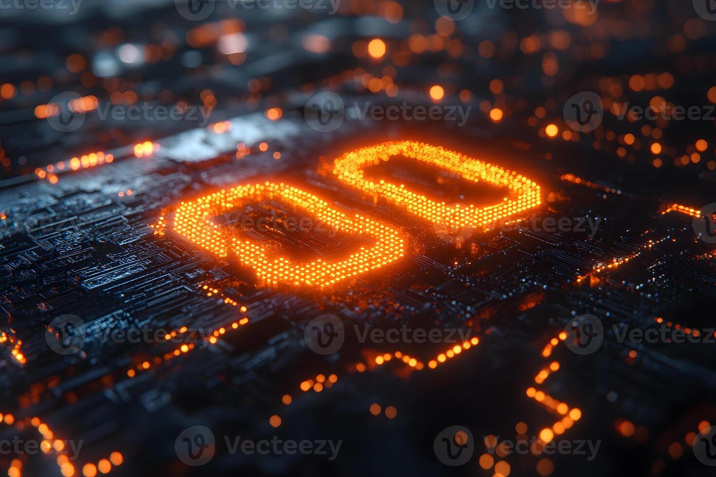 Futuristic Digital Circuit Board with Glowing Orange Number Zero for Technology Concept Design photo