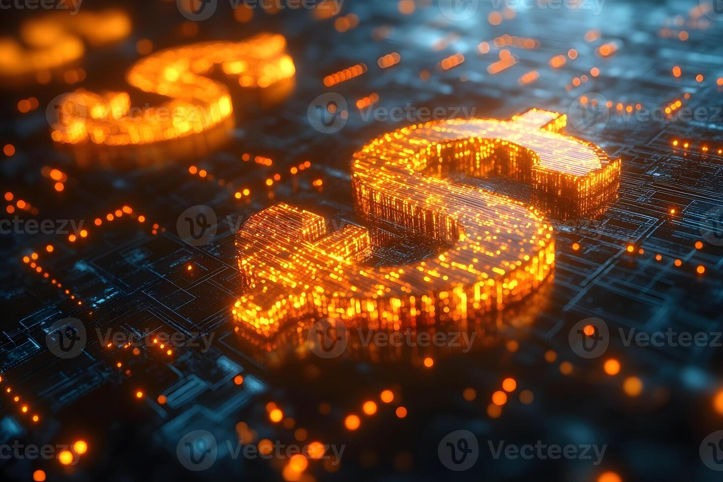 Digital Currency Concept with Glowing Dollar Symbols on Circuit Board photo