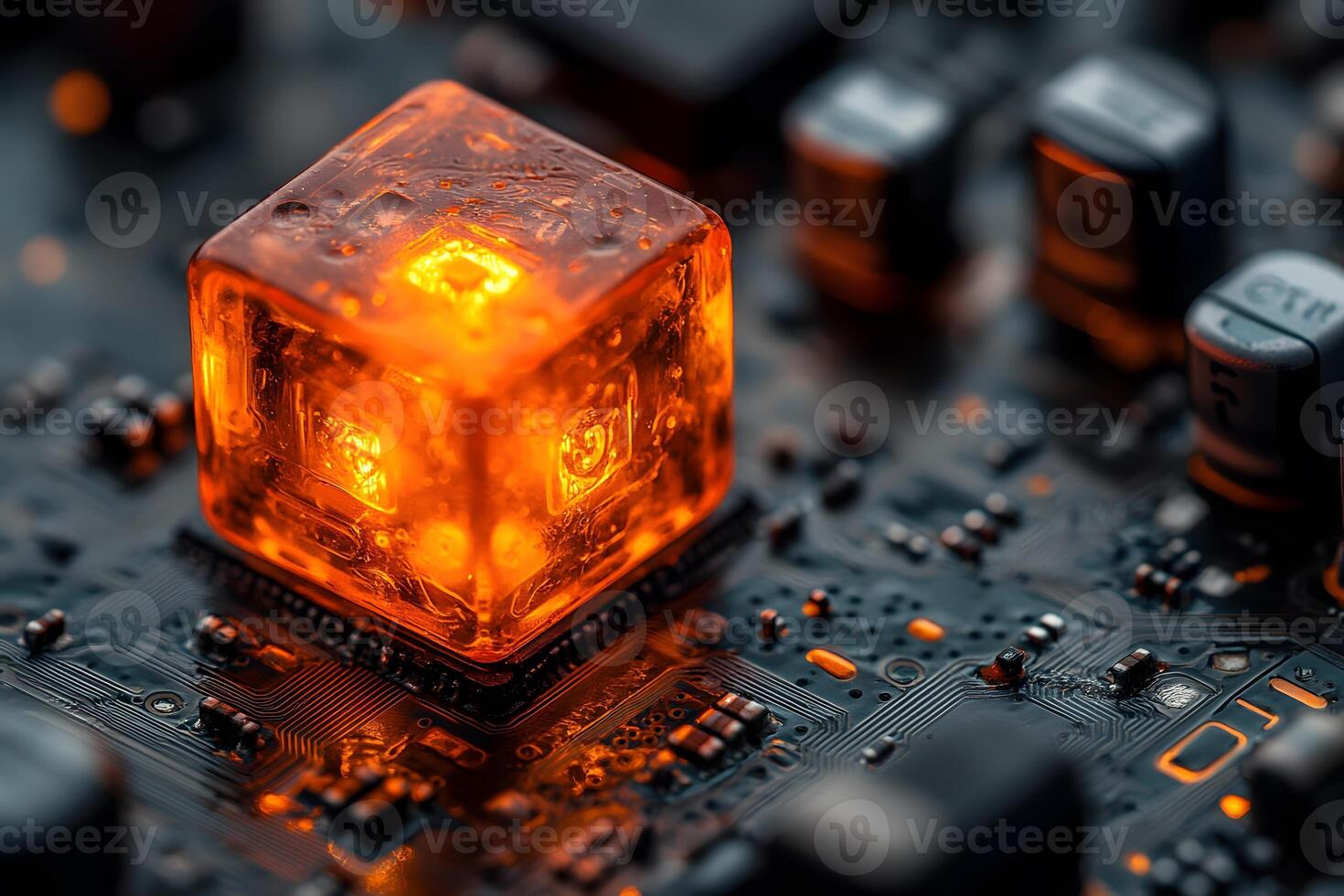 Glowing Cube on Circuit Board - Futuristic Technology and Innovation Concept photo