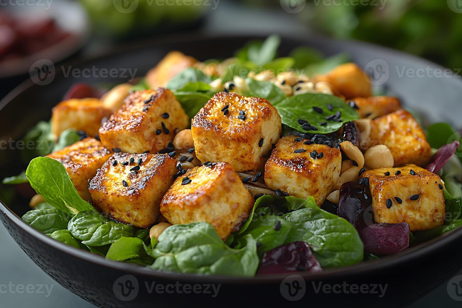Healthy Vegan Tofu Salad with Fresh Greens and Nuts for a Nutritious Meal photo