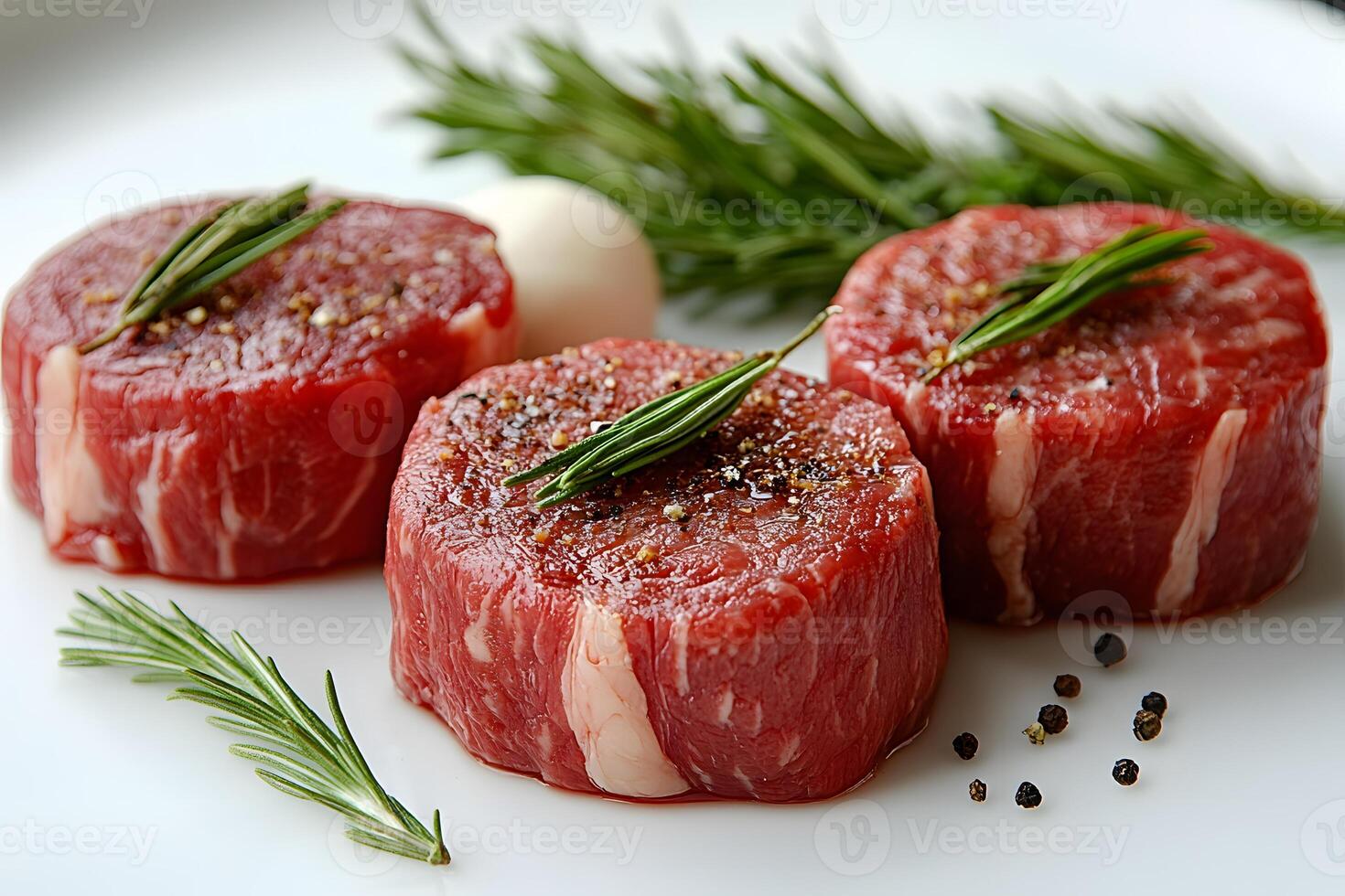 Gourmet Raw Beef Filet Mignon with Rosemary and Pepper on White Plate photo