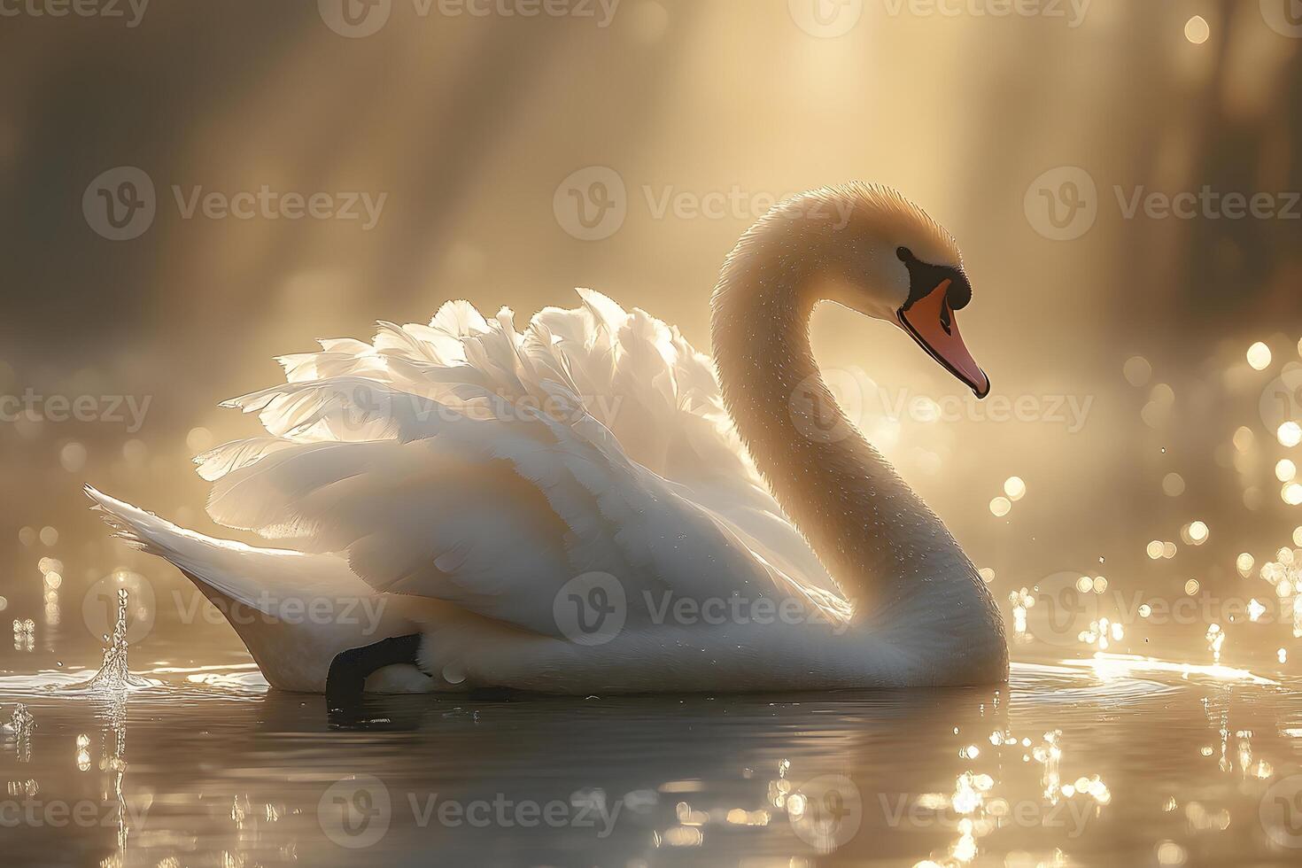 Elegant Swan in Golden Light on Tranquil Water for Nature and Wildlife Art photo