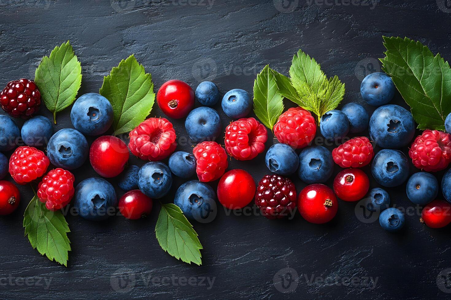 Fresh Summer Berries Blueberries, Raspberries, and Red Currants with Green Leaves on Dark Background photo