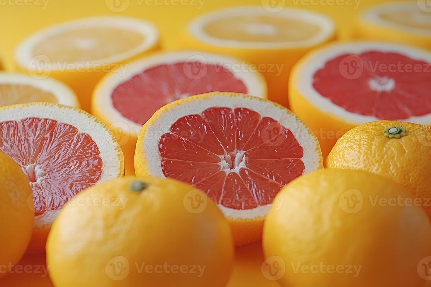 Vibrant Citrus Medley Fresh Oranges and Grapefruit Slices on Bright Yellow Background photo