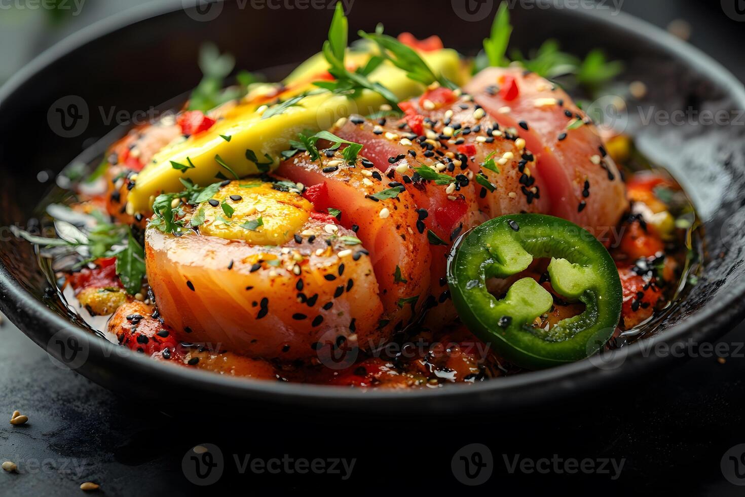 Gourmet Salmon Sashimi with Avocado and Jalapeno Garnish for Culinary Art and Dining photo
