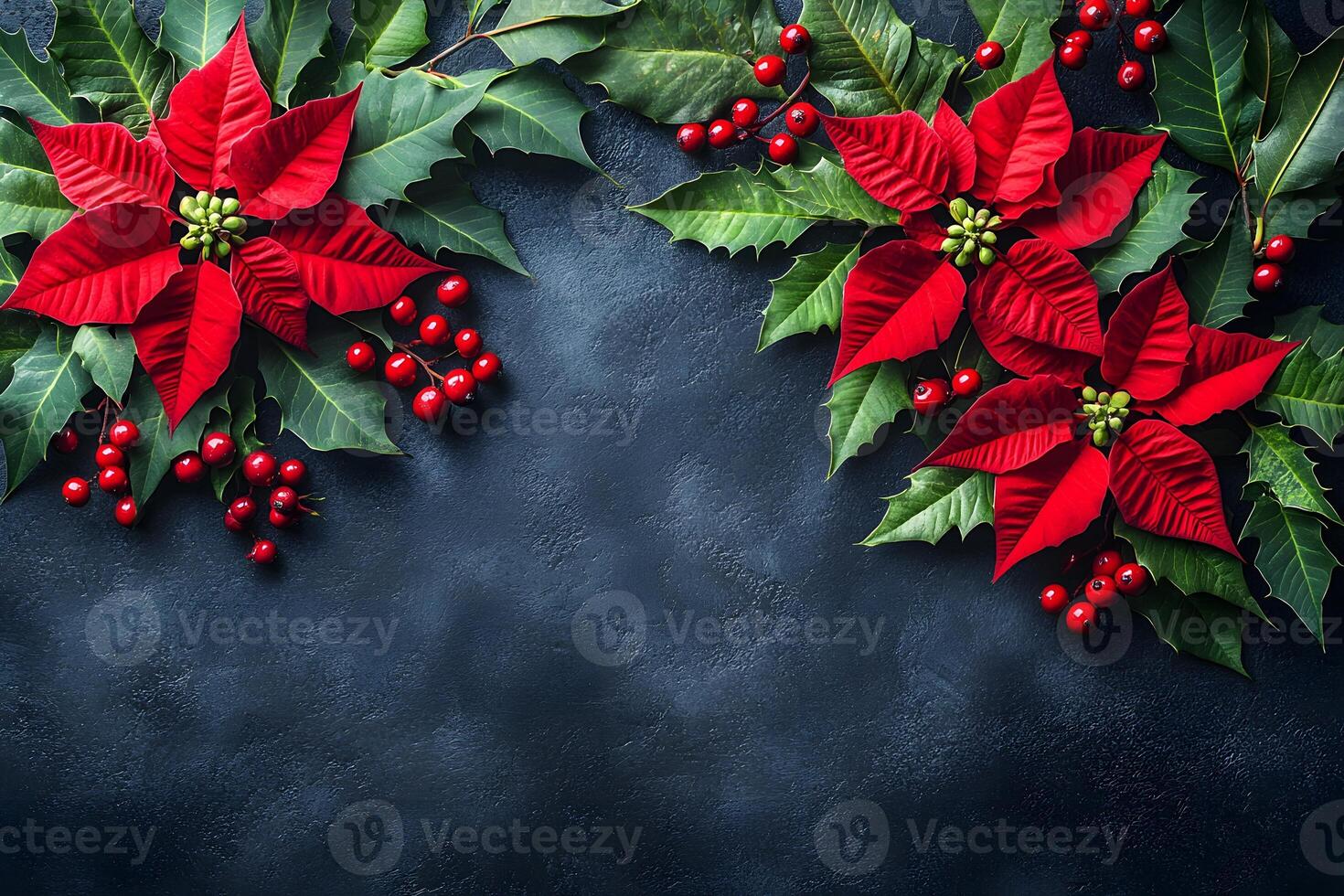 Festive Poinsettia and Holly Border for Christmas Design and Decoration photo