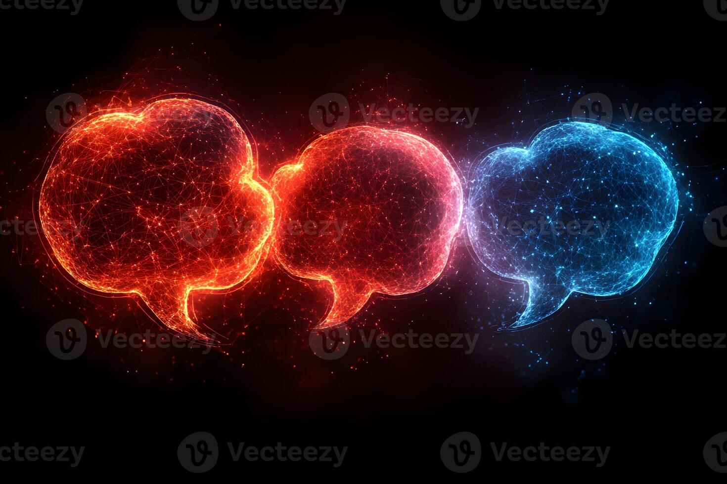 Digital Communication Concept Interconnected Speech Bubbles in Fiery Red and Cool Blue photo
