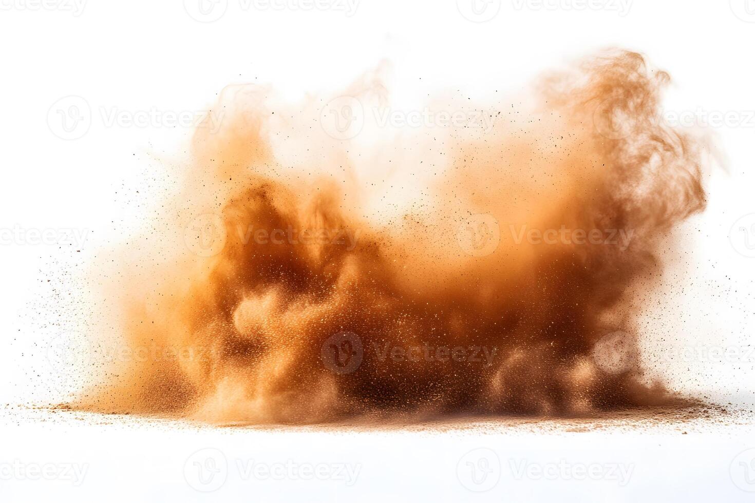 Dynamic Explosion of Brown Powder on White Background for Abstract Design photo