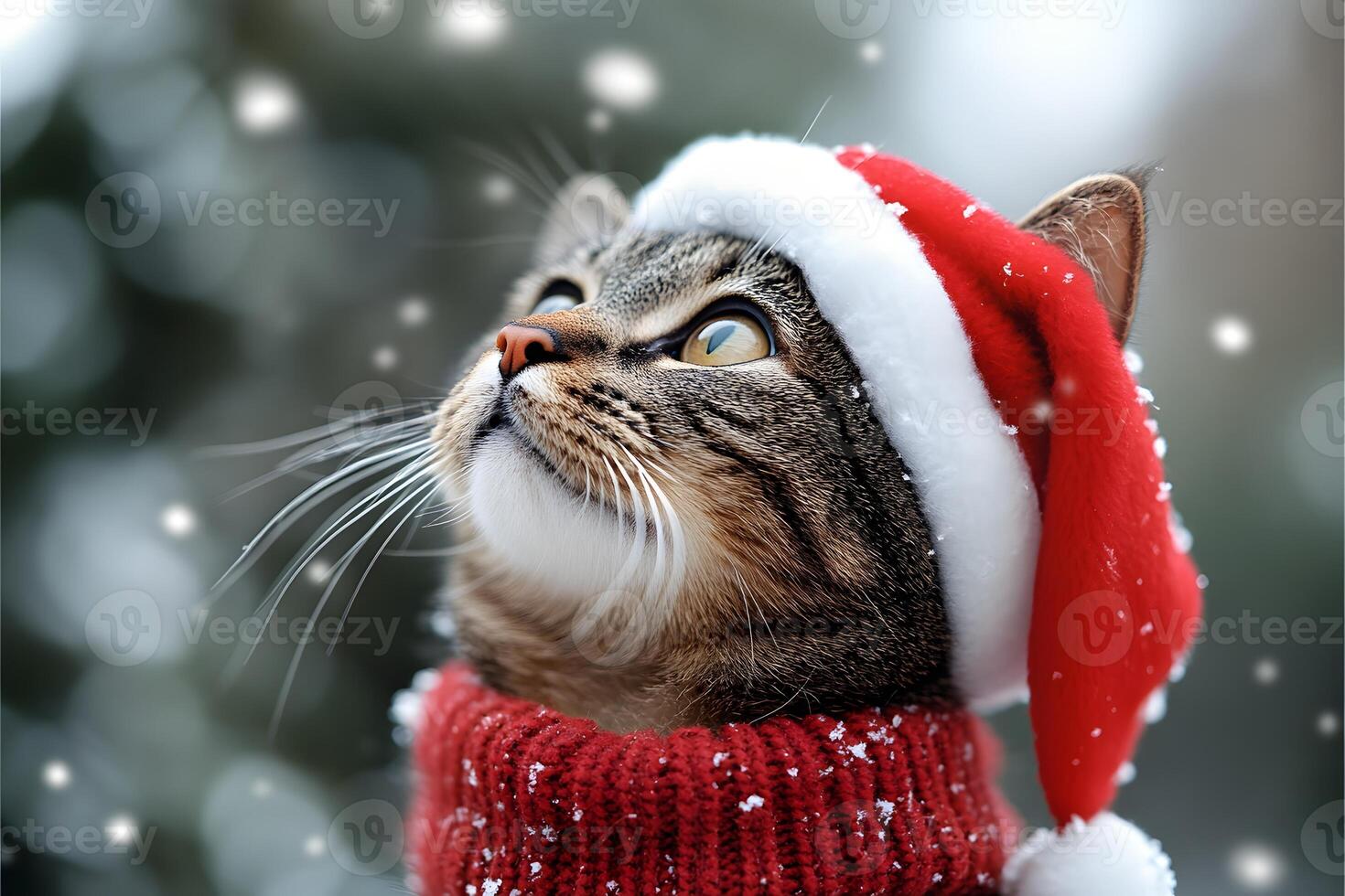 Christmas Cat in Santa Hat and Cozy Sweater with Snowfall photo