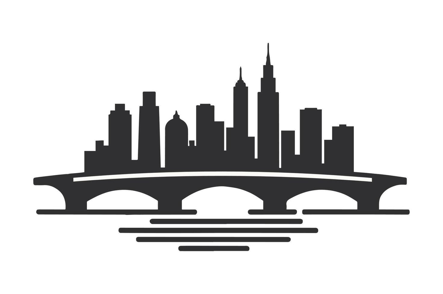 Stylized City Skyline with River Bridge Design vector
