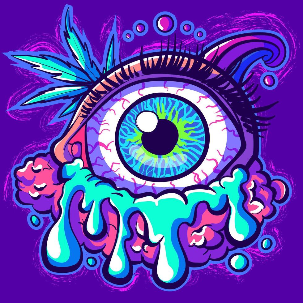 Acid trippy sticker of an eyeball with clouds and liquid slime. Psychedelic human eye with lashes with radioactive ooze. vector