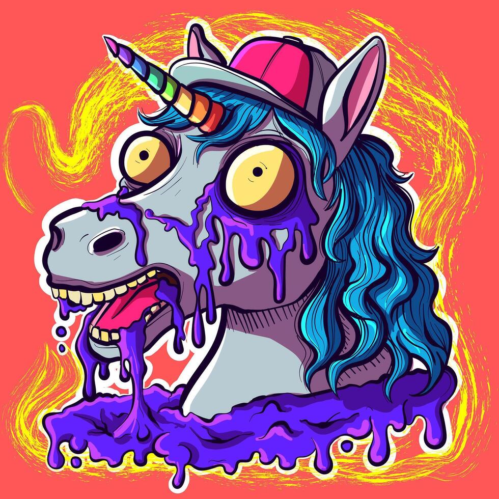 Trippy acid unicorn head with a horn wearing a hat. Psychedelic horse with insane eyes and liquid slime on it. vector