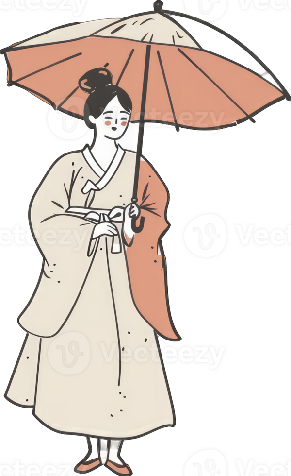 A cartoon woman in a kimono holding an umbrella png