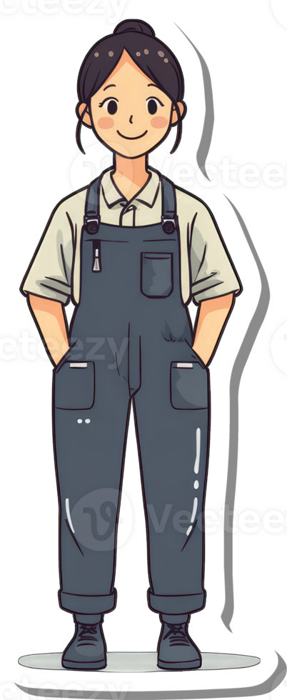 A cartoon woman wearing overalls and a white shirt png
