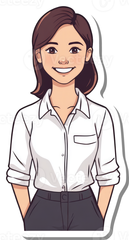 A cartoon woman in a white shirt and black pants png