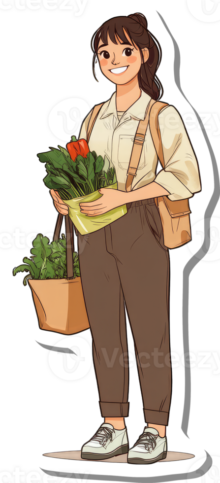 A woman holding a basket of vegetables by a sticker png