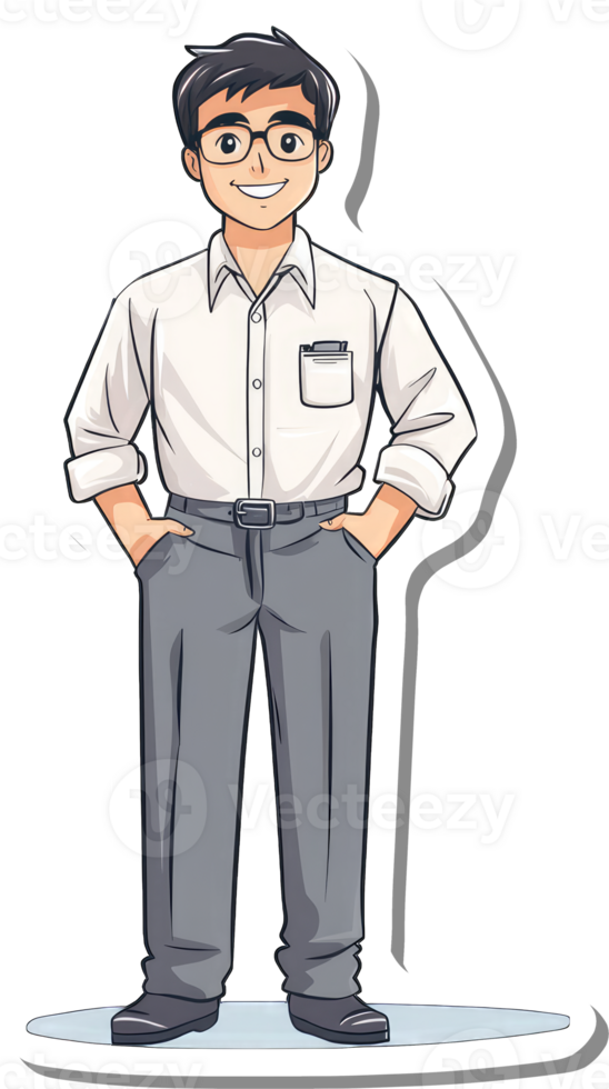 A cartoon man in glasses standing with his hands on his hips png