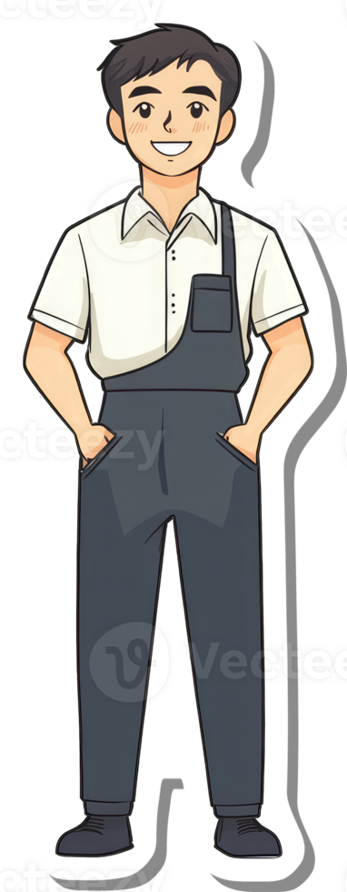 A man in overalls with a white shirt and black pants png