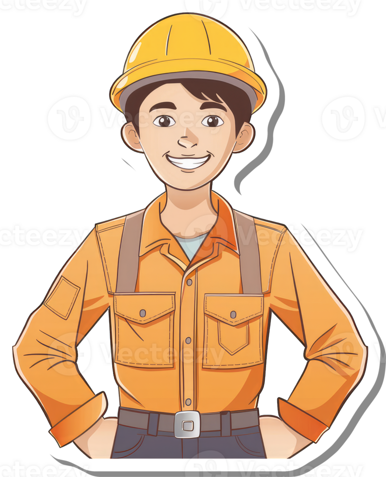 A cartoon construction worker wearing an orange shirt and hard hat png