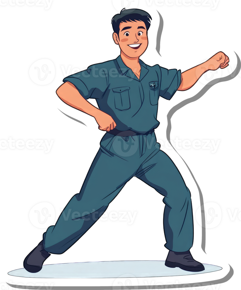 A sticker of a man in blue uniform doing a kick png