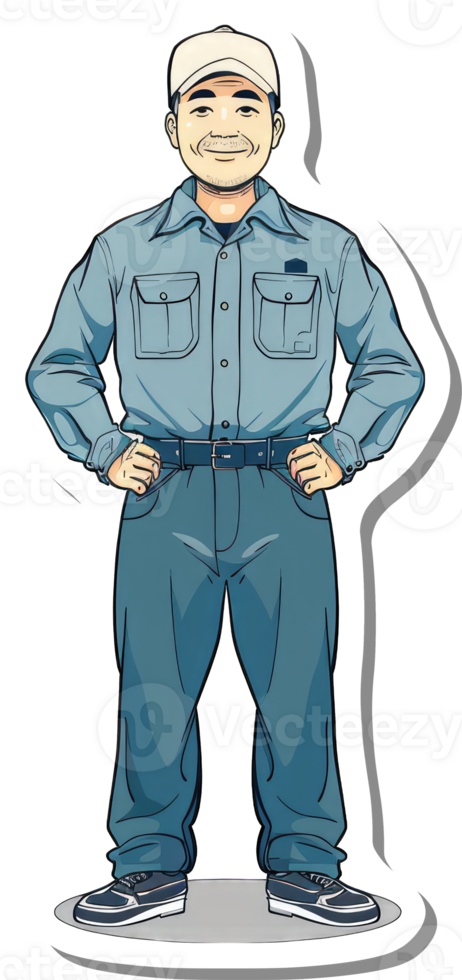 A cartoon man in blue overalls and hat png