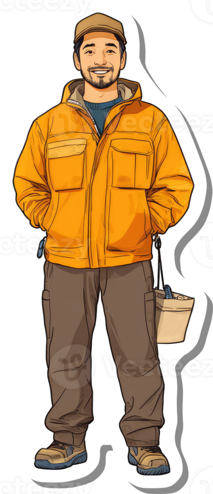 A cartoon man in an orange jacket and brown pants png