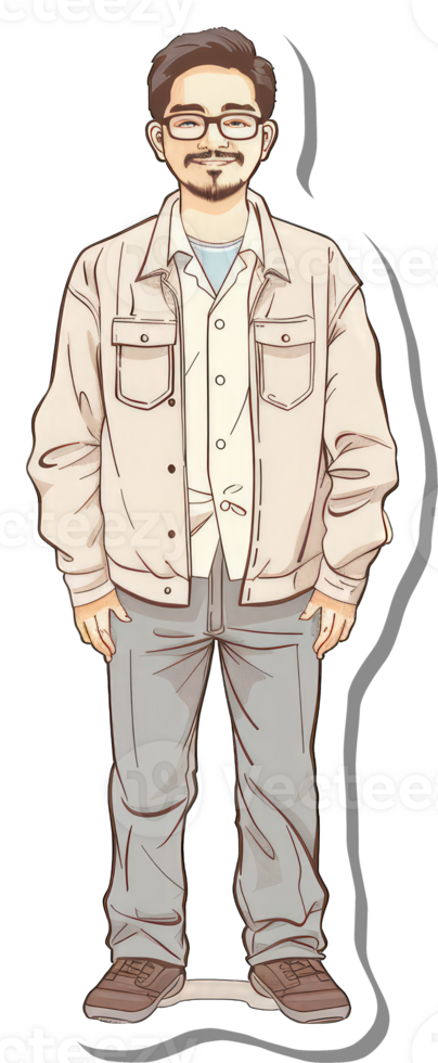 A cartoon happy man in a jacket and glasses png