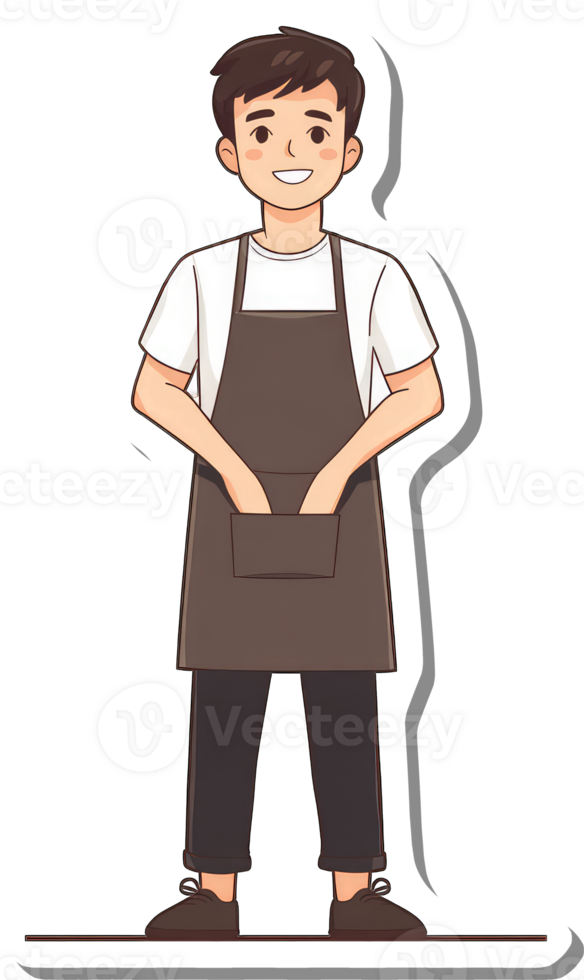 A cartoon man in an apron holding his hands in his pockets png