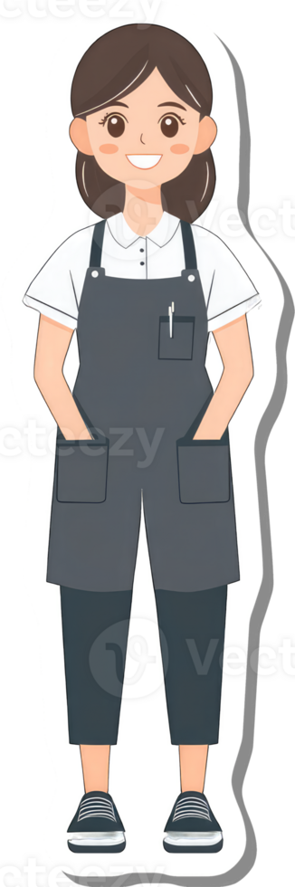 A smiling woman wearing a dark grey apron and white shirt png