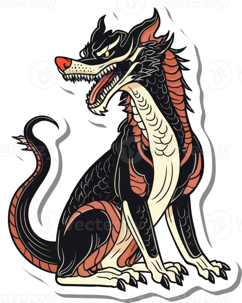 A fierce mythical canine creature with dragon features sits snarling png