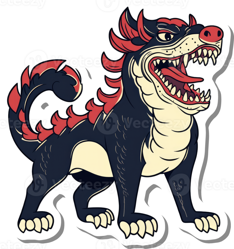 Fierce mythical creature snarling with red mane png