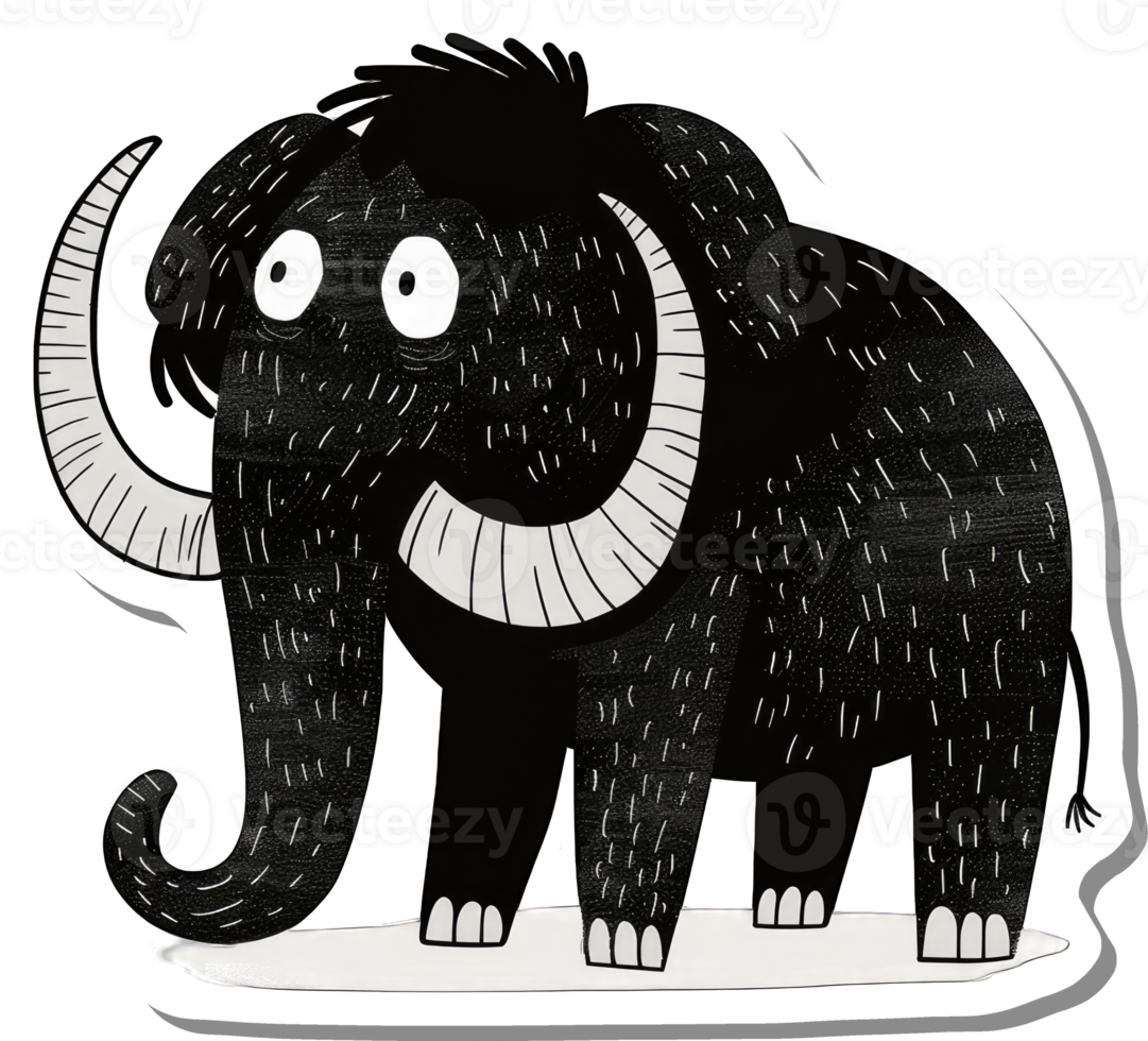 A whimsical black mammoth illustration stands on white png