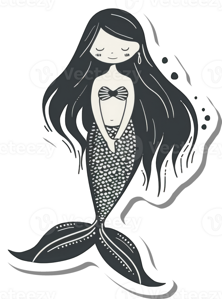 Serene Mermaid with Long Dark Hair and Scaled Tail png