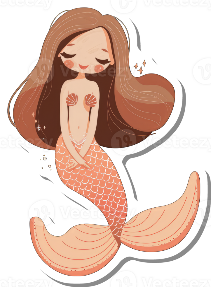 A serene mermaid with long brown hair and a coral tail png