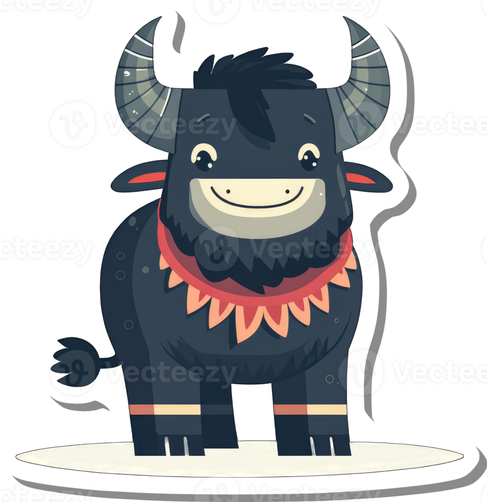 A happy cartoon black bull wearing a decorative collar png