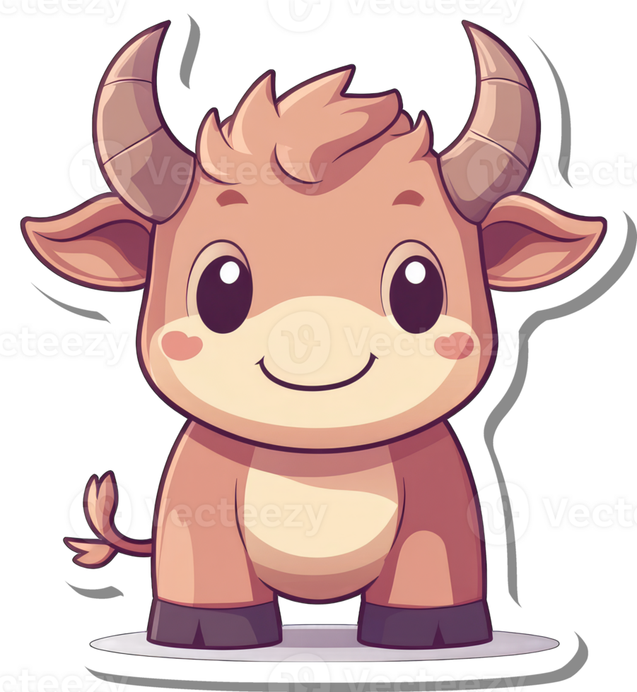 Adorable Cartoon Young Brown Bull With Horns png