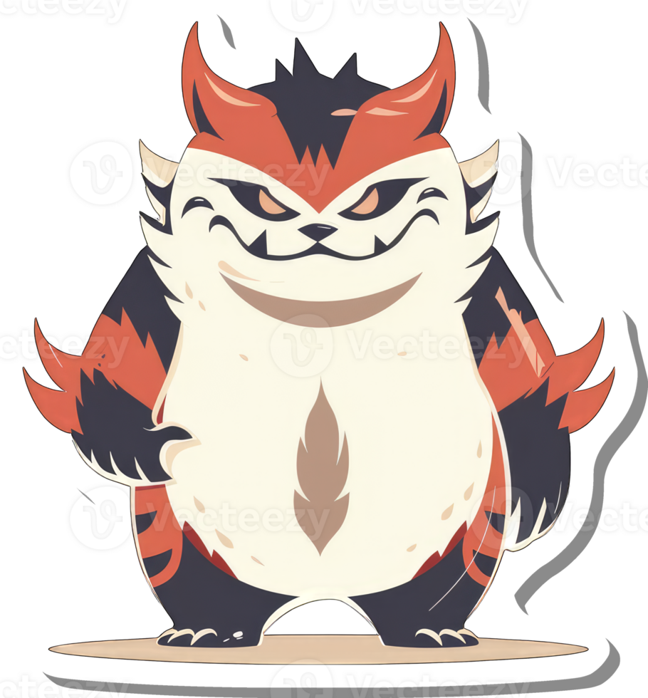 A mischievous orange and black horned creature stands png