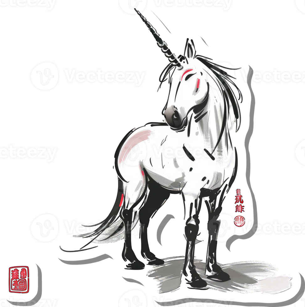 Elegant White Unicorn Ink Wash Painting png