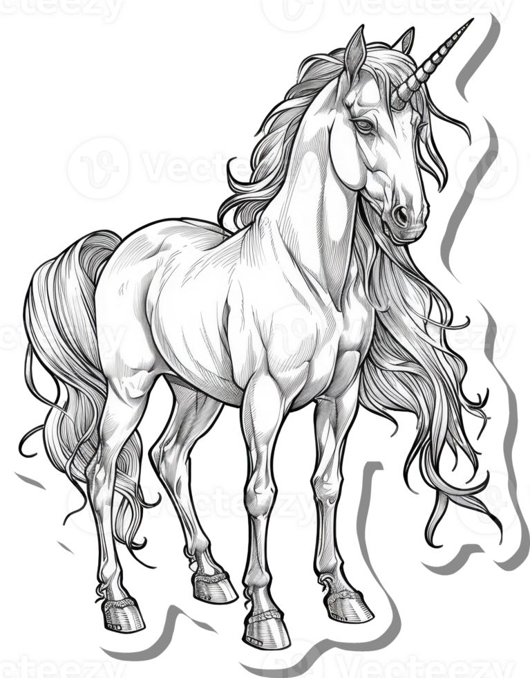 Majestic Unicorn Detailed Line Art Drawing png