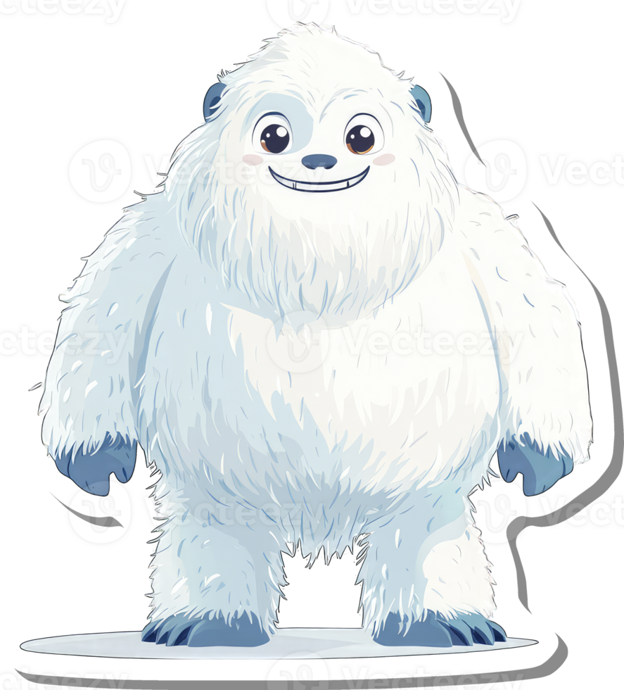 A happy smiling yeti stands on white snow png