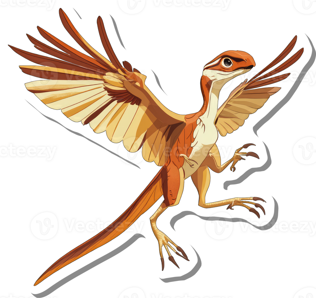 A stylized illustration of a feathered dinosaur in flight png