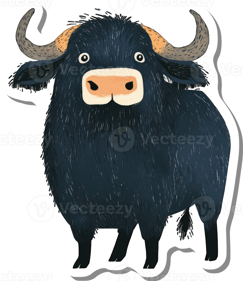 A Dark Furry Bull With Large Horns Stands Proudly png