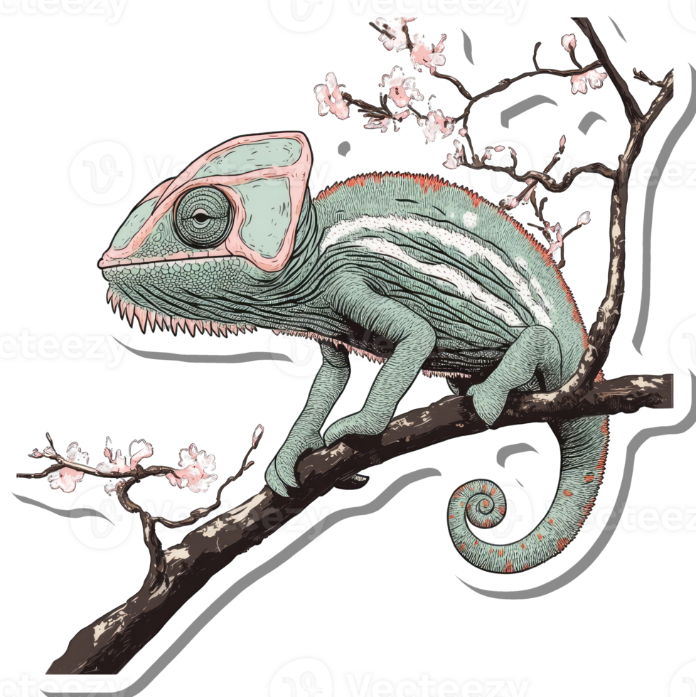 A Chameleon Perched on a Branch with Blossoms png